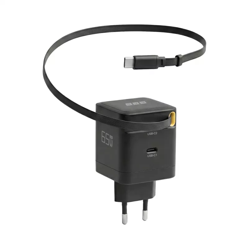 EFB Elektronik G652CE 65W GaN USB-C PD 3.0 Wandladegerät mit einziehbarem Kabel, Schwarz