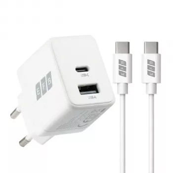 EFB Elektronik G201A1CE 20W GaN USB-C PD3.0 + USB-A QC3.0 Wandladegerät-Set mit 2m USB-C Kabel, Weiß