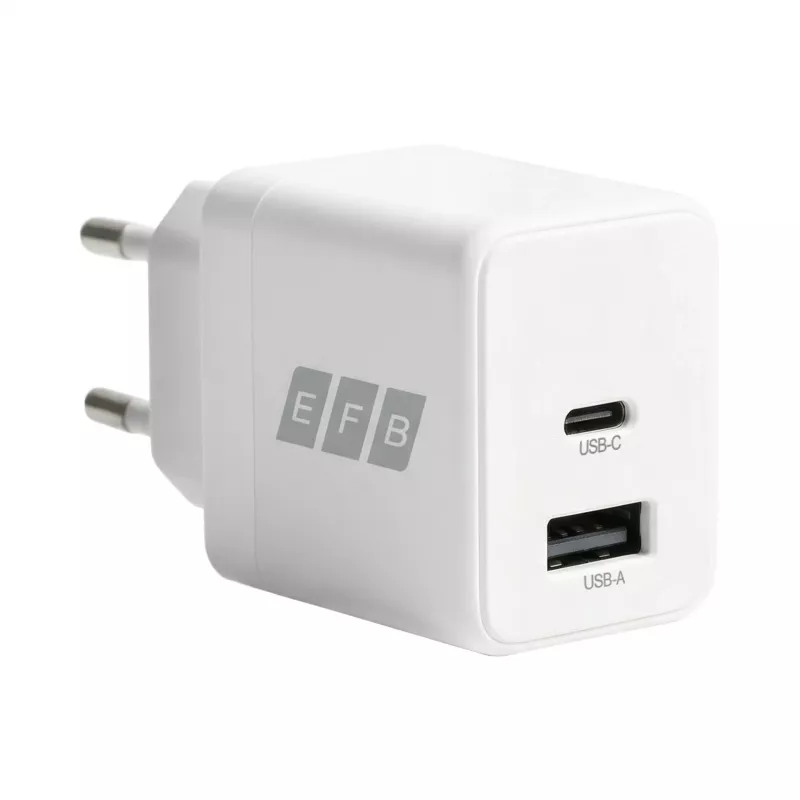 EFB Elektronik G201A1CE 20W GaN USB-C PD3.0 + USB-A QC3.0 Wandladegerät-Set mit 2m USB-C Kabel, Weiß
