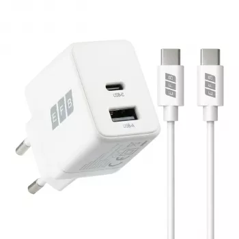 EFB Elektronik G301A1CE 30W GaN USB-C PD3.0 + USB-A QC3.0 Wandladegerät-Set mit 2m USB-C-Kabel, Weiß