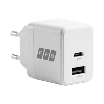 EFB Elektronik G301A1CE 30W GaN USB-C PD3.0 + USB-A QC3.0 Wandladegerät-Set mit 2m USB-C-Kabel, Weiß