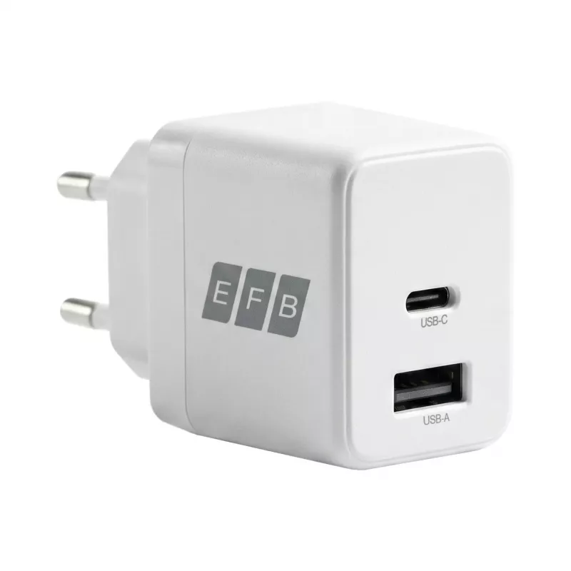 EFB Elektronik G301A1CE 30W GaN USB-C PD3.0 + USB-A QC3.0 Wandladegerät-Set mit 2m USB-C-Kabel, Weiß