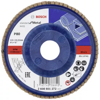 Bosch X431 Standard für Metallfächerschleifscheibe, 115 mm, Zirkonkorund, P60 Körnung, 22,23 mm Bohrung 2608601272