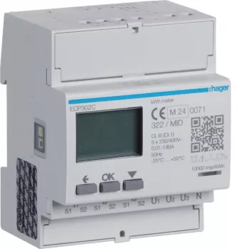 Hager ECP302C Drehstrom-Energiezähler für 1A- oder 5A-Stromwandler, 4-Modul-DIN-Schiene, S0-Impulsausgang
