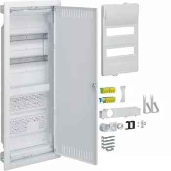 HAGER VU602NWH Unterputz-Verteilerschrank mit Steckdose und Stahltür, 2 Reihen, 24 Module, Weiß