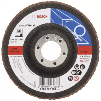 Bosch X551 Standard für Metall Fächerschleifscheibe, 115 mm Durchmesser, 22,33 mm Bohrung, 60 Körnung, Zirkonkorund, konisch, 1 Stück 2608607350