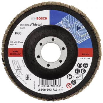 Bosch X431 Standard für Metall Fächerschleifscheibe, 115 mm, 60 Körnung, Glasfasergewebe-Träger 2608603713