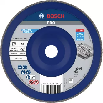 Bosch X571 Best for Metal Fächerschleifscheibe, 180 mm Durchmesser, 22,33 mm Bohrung, Zirkonkorund, K40 Körnung, konisch Typ 29, für Stahl und Eisenmetalle 2608607343