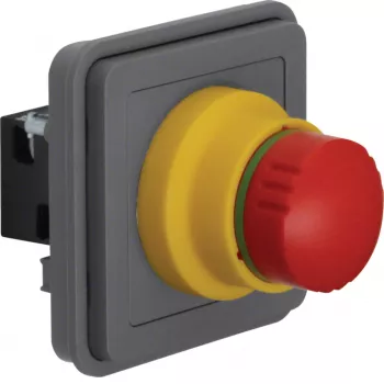 Hager WNA033 Not-Halt-Einsatz, roter Pilzkopf, gelber Hintergrund, 1 NC, 250 V AC, 10 A, Schraubklemmen, Unterputzmontage
