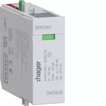 Hager SPE040 Überspannungsschutzmodul L-N Uc 275V In 20kA Imax 40kA Up 1,35kV