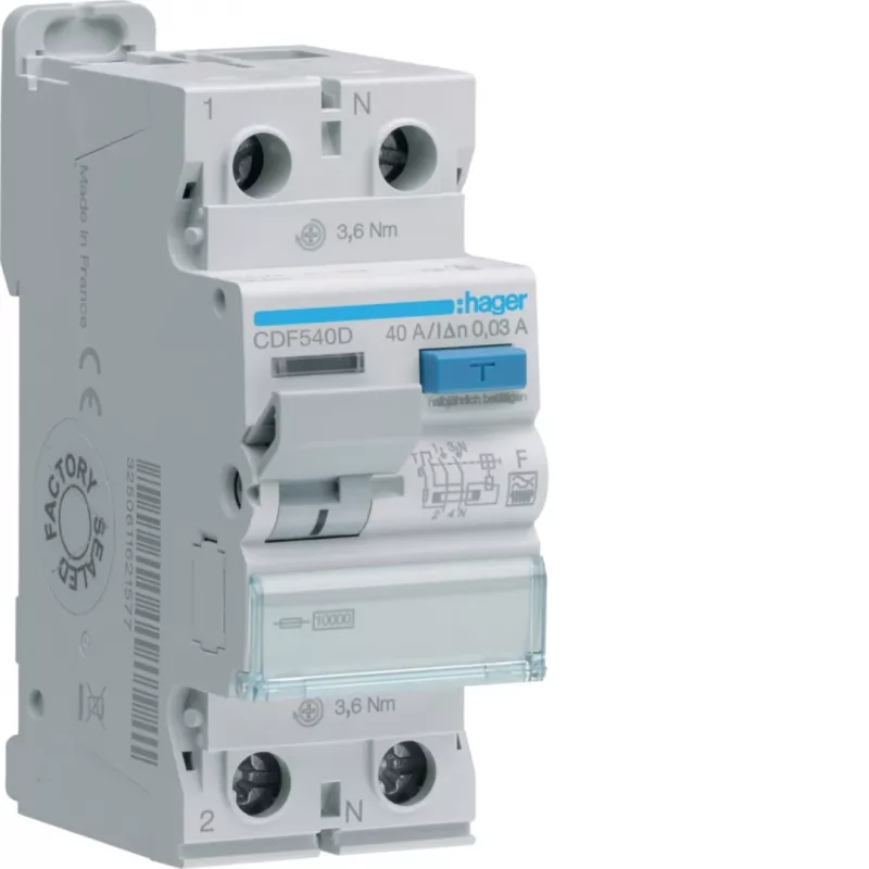 HAGER CDF540D Fehlerstrom-Schutzschalter 2P 40A 30mA Typ F 10kA