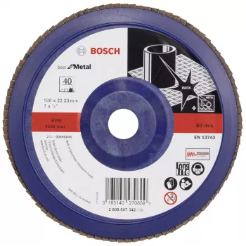 Bosch X571 Best for Metal Fächerschleifscheibe, 180 mm Durchmesser, 22,23 mm Bohrung, Zirkonkorund, Körnung 40, 1 Stück 2608607342