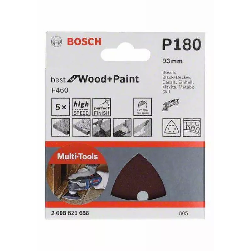 Bosch 2608621688 Delta Schleifpapier Körnung 180, 93 mm, 5 Stück