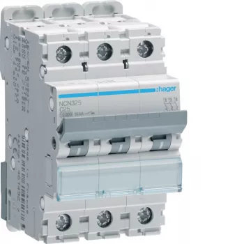 HAGER NCN325 3-poliger Leitungsschutzschalter mit C-Charakteristik 25A, 10kA, 3 Module