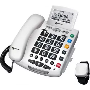 Geemarc Pack SERENTIES Schnurgebundenes Seniorentelefon mit Sturzerkennungs-Pendant, Hintergrundbeleuchtetes Display, Weiß