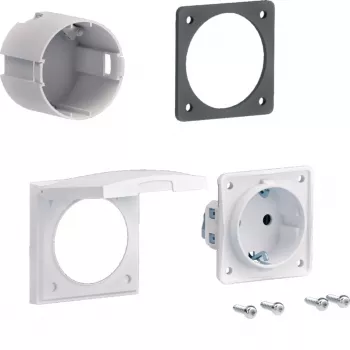 HAGER ZY02SD Schuko-Steckdosen-Montagepaket für Flanschmontage, 1-fach, 250 V, 16 A, Weiß