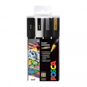 Uni-Ball Faber-Castell POSCA PC-5M Metallic Acrylmalstift-Set, 4 Farben, Mittlere Rundspitze 1,8-2,5 mm 182544