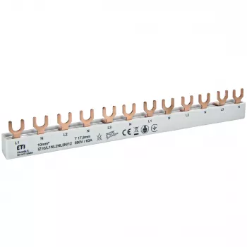 ETI 002921268 Kupfer-Sammelschiene IZ10/L1NL2NL3N/12 für ETIMAT 1P+N, 690V, 63A, Gabeltyp