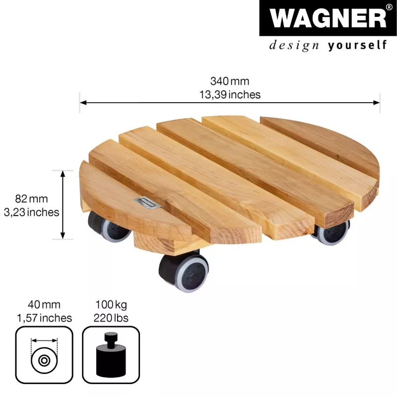 WAGNER Multiroller ERLE soft rund Ø34cm Pflanzenroller, Massives Erlenholz, 100 kg, 3 Lenkrollen, Bodenschonend 20026201