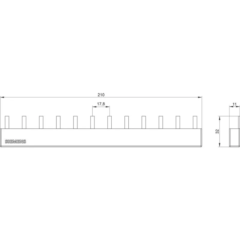 SIEMENS Stift-Sammelschiene 4x3-Phasen 5ST3645, 12 Module, 63 A, 400 V, 10 mm², vollisoliert