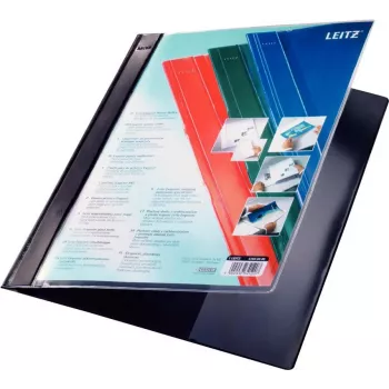LEITZ Exquisit Präsentationsmappe mit Vordertasche, A4 Überformat, PVC-Hartfolie, Schwarz, Transparenter Deckel 4193-00-95