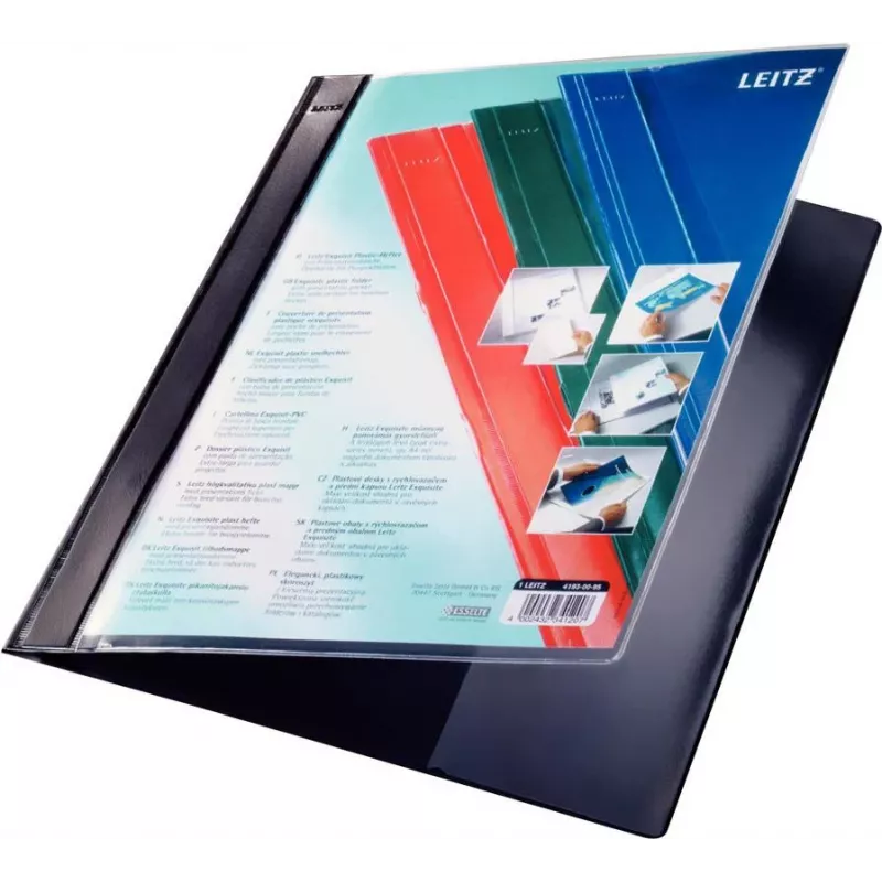 LEITZ Exquisit Präsentationsmappe mit Vordertasche, A4 Überformat, PVC-Hartfolie, Schwarz, Transparenter Deckel 4193-00-95