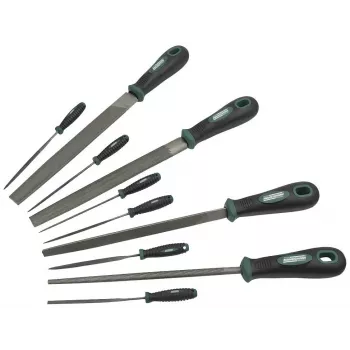 BRÜDER MANNESMANN GREEN LINE 10-teiliges Werkstatt-Feilen-Set, 200 mm, Hieb 2, mit Griff und Drahtbürste, Blisterverpackung (M61015)