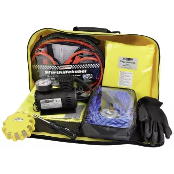 BRÜDER MANNESMANN Kfz-Notfall- und Pannenset mit Warndreieck, Warnweste, Erste-Hilfe-Set, Abschleppseil, Starthilfekabel, Arbeitshandschuhe in neon-gelber Nylontasche (M01782)