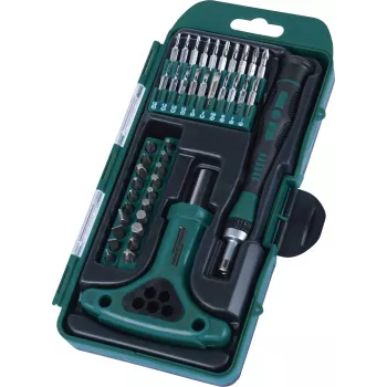 BRÜDER MANNESMANN 42-teiliges Präzisions-Bit-Box-Set mit Ratschenschraubendreher, S2-Stahl-Bits, magnetischem Schnellwechsel, Aufbewahrungskassette 29895