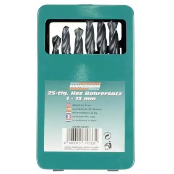 Brüder Mannesmann M54341 25-teiliges HSS-Spiralbohrer-Set, 1-13 mm im Metallkoffer