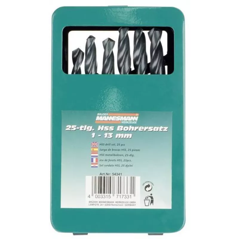 Brüder Mannesmann M54341 25-teiliges HSS-Spiralbohrer-Set, 1-13 mm im Metallkoffer