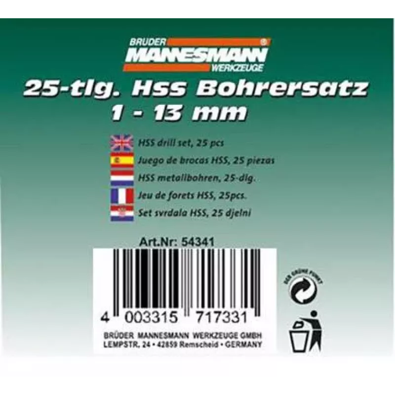 Brüder Mannesmann M54341 25-teiliges HSS-Spiralbohrer-Set, 1-13 mm im Metallkoffer
