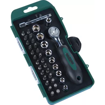 BRÜDER MANNESMANN 38-teiliges Steckschlüssel- und Bit-Set, 1/4 inch Antrieb, Umschaltknarre, CrV-Stahl 29891