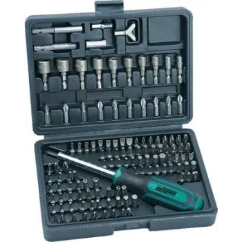 BRÜDER MANNESMANN 122-teiliges Schraubendreher- und Bit-Set im Kunststoffkoffer, Bits aus Chrom-Vanadium-Stahl, 1/4 inch Sechskant-Antrieb, ergonomische Griffe, magnetischer Bithalter, DIN-Norm M29896