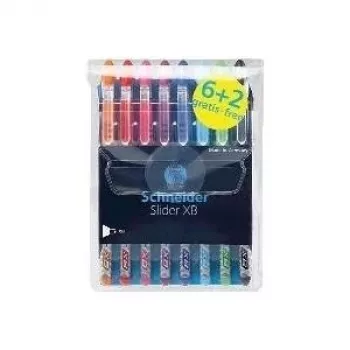 Schneider Slider Basic Kugelschreiber-Set - 8 verschiedene Farben, extrabreite 1,4 mm Spitze, Viscoglide-Technologie, ergonomische gummierte Griffzone, Edelstahl-Clip 151298