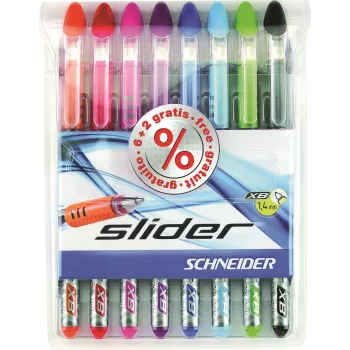 Schneider Slider Basic Kugelschreiber-Set - 8 verschiedene Farben, extrabreite 1,4 mm Spitze, Viscoglide-Technologie, ergonomische gummierte Griffzone, Edelstahl-Clip 151298