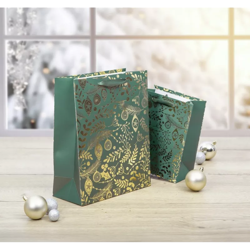 SIGEL GT118 Geschenktüten, Goldene Ornamente auf Grün, 26 x 32 cm, 5er-Pack