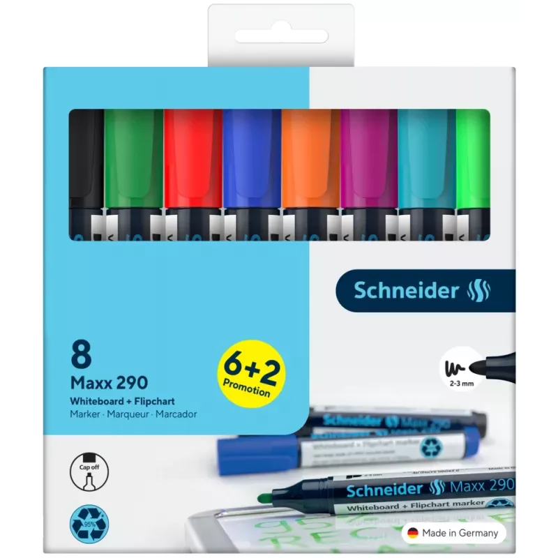 Schneider Maxx 290 Whiteboard- und Flipchart-Marker 8er-Set verschiedene Farben, Rundspitze 2,0-3,0 mm 129098