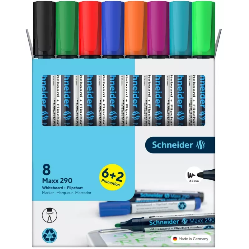 Schneider Maxx 290 Whiteboard- und Flipchart-Marker 8er-Set verschiedene Farben, Rundspitze 2,0-3,0 mm 129098