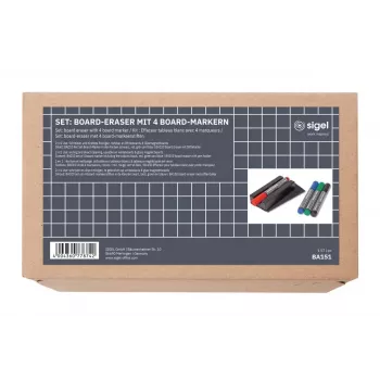 SIGEL BA151 Whiteboard-Zubehörset, 4 trocken abwischbare Marker, magnetischer Radierer, magnetischer Markerhalter, Reinigungsspray 50 ml, 10 Reinigungstücher, Schwarz