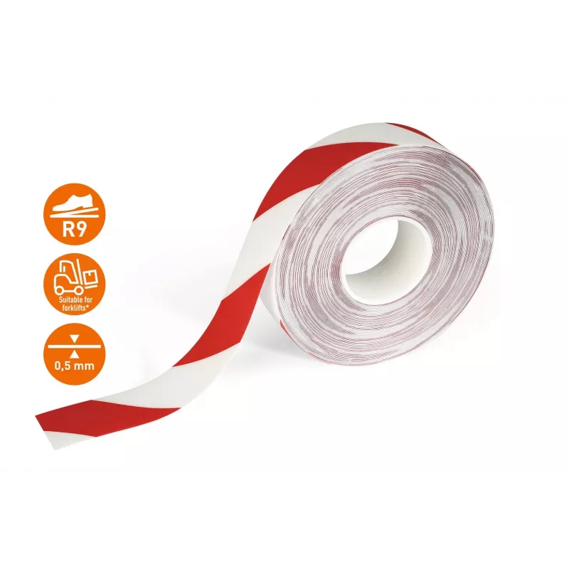 DURABLE DURALINE 50/05 Selbstklebendes Bodenmarkierungsband, Rot/Weiß, 50 mm x 5 m 1021132
