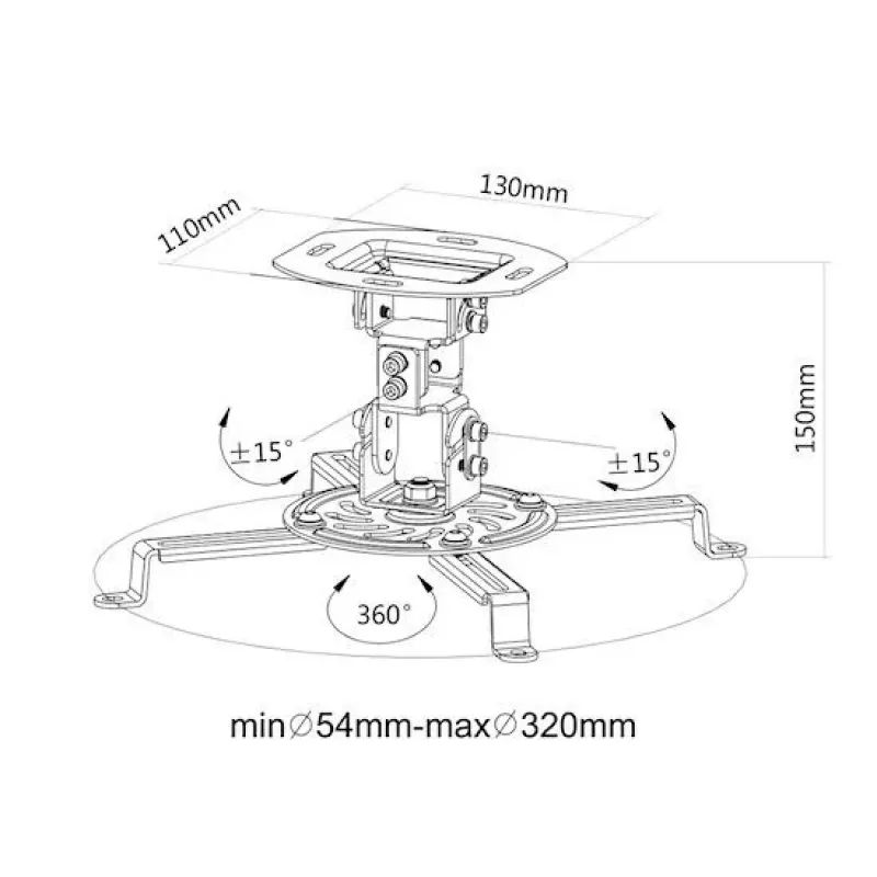 E+P DH 15 Projektor-Deckenhalterung 150 mm, Neigen/Schwenken/Drehen, bis zu 13,5 kg, Silber 1258015