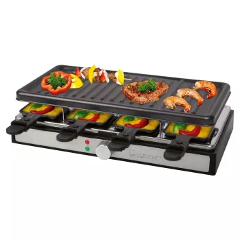 Clatronic RG 3757 Raclette-Grill, rechteckig, gerippte Grillplatte 42x21 cm, 8 Raclette-Pfännchen, 1400 W, Edelstahl/Kunststoff 263946