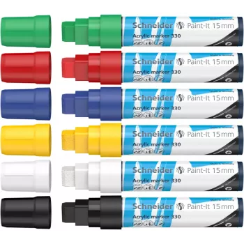 Schneider Paint-It 330 V1 Acrylmarker-Set, 6 verschiedene Farben, 15 mm Keilspitze 120396