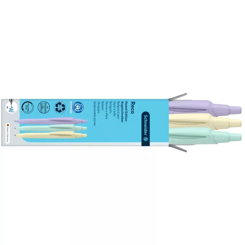 Schneider Reco Pastel Kugelschreiber, blaue Tinte, 3er-Pack, verschiedene Pastellfarben 131893