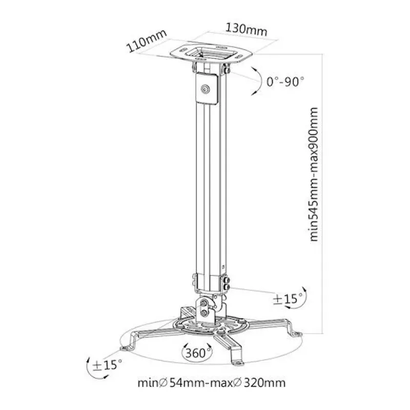 E+P DH 90 Projektor-Deckenhalterung 900mm Neigung Schwenk Drehung 13,5kg Silber 1258040