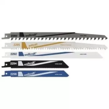 Wolfcraft 3599000 Säbelsägeblatt-Set, 5-teilig, HCS & Bi-Metall, 150/230 mm, 6/18 TPI, universeller 1/2 Zoll Schaft