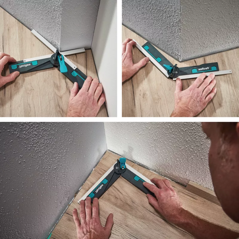 Wolfcraft 6957000 Winkelmesser für Gehrungs- und Kappsägen mit Feststellfunktion und integriertem Markierungsmaß