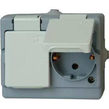 HEINRICH KOPP Aufputz IP44 Doppel-Schuko-Steckdose, vorverdrahtet, horizontal, grau 1302.4800.6
