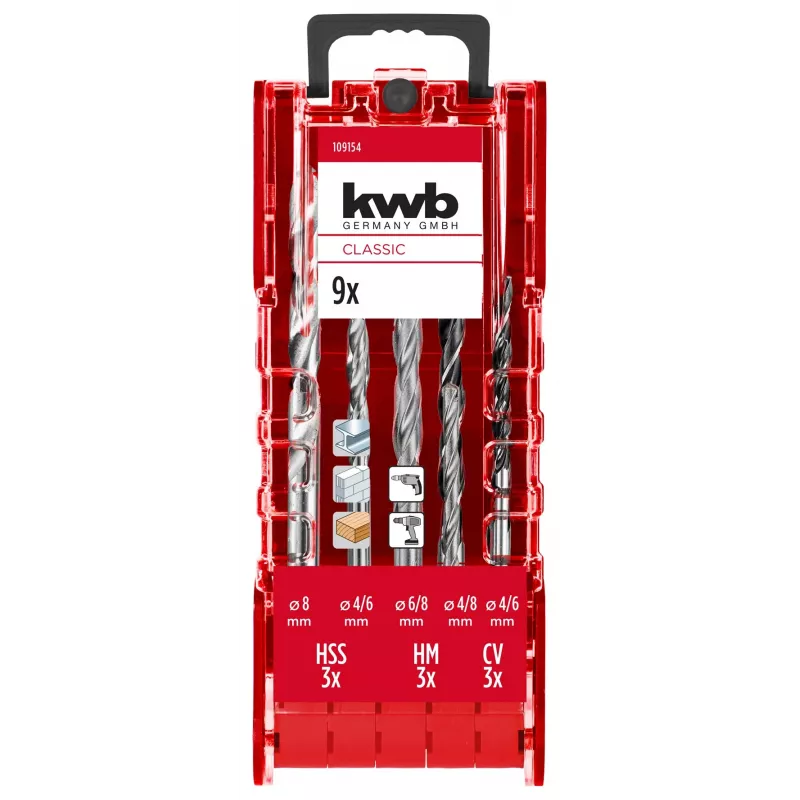 kwb 109154 Steinbohrer-Set, 9-teilig, 4/6/8 mm, Hartmetall-bestückt, DIN 8039